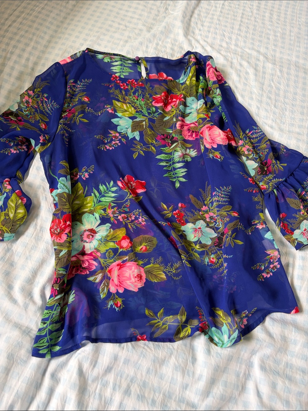 Blue Floral Women’s Blouse with Ruffle Sleeves